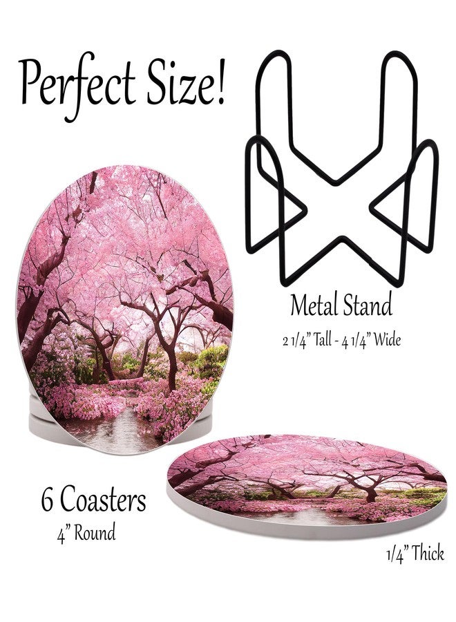 DAJDC Spring Season Flowers Round Coasters Set of 6 - Abosrbent Ceramic Coasters with Metal Stand for Drinks, Coffee, Non-Slip Cork Back for Tabletop Protection, 4 Inches (Cherry Blossom) - Image 2